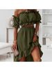 Women's Clothing new one-shoulder ruffle skirt suit casual irregular short-sleeved two-piece suit_maomaolike.com