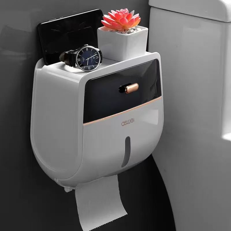 Bathroom Tissue Box, Double-layer Bathroom Shelf, Household No-drill Creative Waterproof Wall-mounted Tissue Box Roll Tube_maomaolike.com