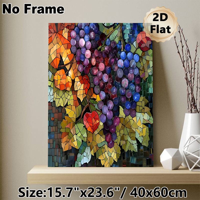 Grape Themed Painting Poster, Vibrant Stained Glass Mosaic Style Poster, Eye-catching Artistic Decor Suitable For Kitchen, Dining Room And Living Area_maomaolike.com