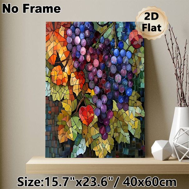 Grape Themed Painting Poster, Vibrant Stained Glass Mosaic Style Poster, Eye-catching Artistic Decor Suitable For Kitchen, Dining Room And Living Area_maomaolike.com