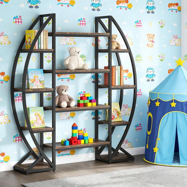 Industrial Bookshelf, Oval Triple Wide Etagere Bookcases Display Shelves_maomaolike.com