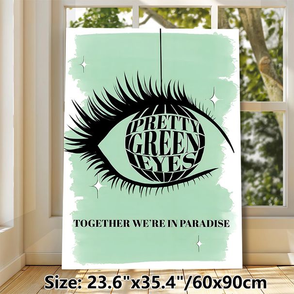 Pretty Green Eyes Painting Poster, Minimalist Retro Black Eye & Disco Ball Text Art Poster, Stylish Artistic Decor Ideal For Bedroom, Living Room Or_maomaolike.com