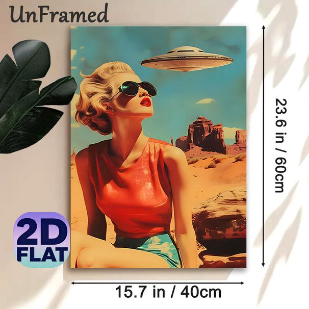 Retro UFO & Pin-up Girl Painting Poster, Vibrant Vintage Retro Style Poster, Nostalgic Desert Scene With Flying Saucer, Ideal For Living Room, Bedroom_maomaolike.com