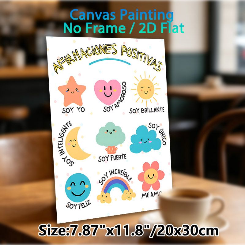 Spanish Positive Affirmations Painting Poster, Pastel Cute Cartoon Style Poster, Uplifting Spanish Positive Phrases With Cheerful Illustrated Icons_maomaolike.com