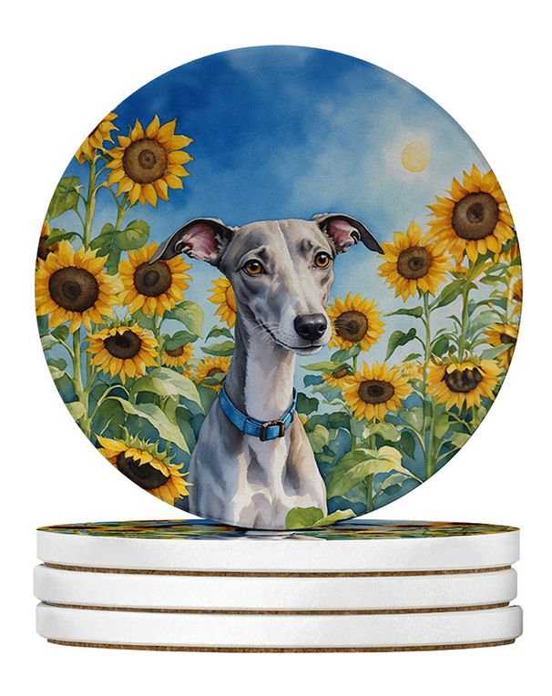 Whippet In Sunflowers Large Sandstone Coasters Pack Of 4 Absorbent Round Coasters Decor Gifts For Men Or Women, 4 In, Multicolor_maomaolike.com