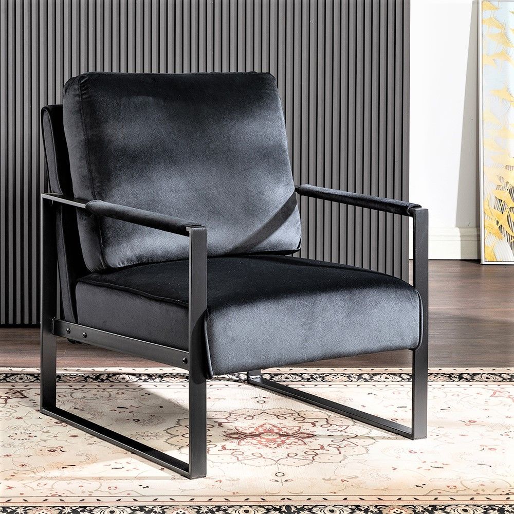 Mid Century Modern Accent Chair With Square Metal Frame And Plush Velvet Upholstery, Durable Armchair For Living Room, Bedroom, Home Office - Black_maomaolike.com
