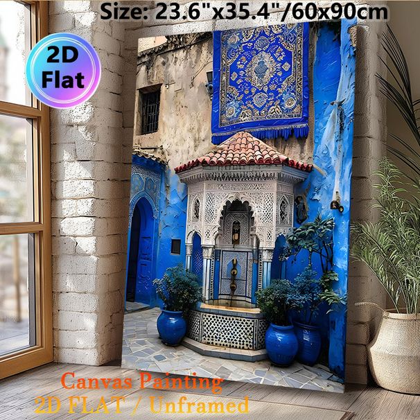 Moroccan Blue Courtyard Painting Poster, Vibrant Traditional Islamic Mosaic Style Poster, Brings Exotic Cultural Charm, Ideal For Living Room And_maomaolike.com