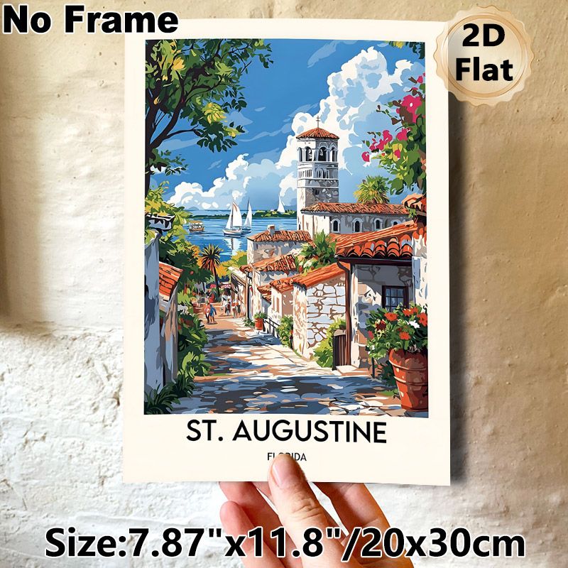 St. Augustine Florida Coastal Town Painting Poster, Vibrant Retro Scenic Poster, Picturesque Seaside Street With Bell Tower & Sailboats, Ideal_maomaolike.com