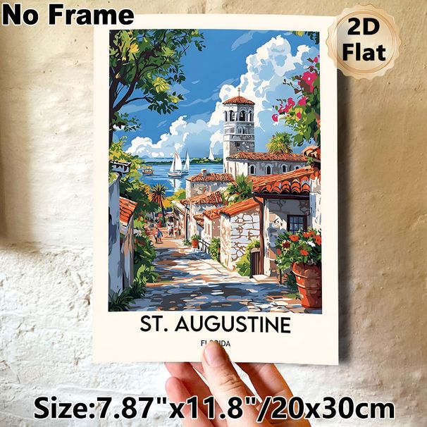 St. Augustine Florida Coastal Town Painting Poster, Vibrant Retro Scenic Poster, Picturesque Seaside Street With Bell Tower & Sailboats, Ideal_maomaolike.com