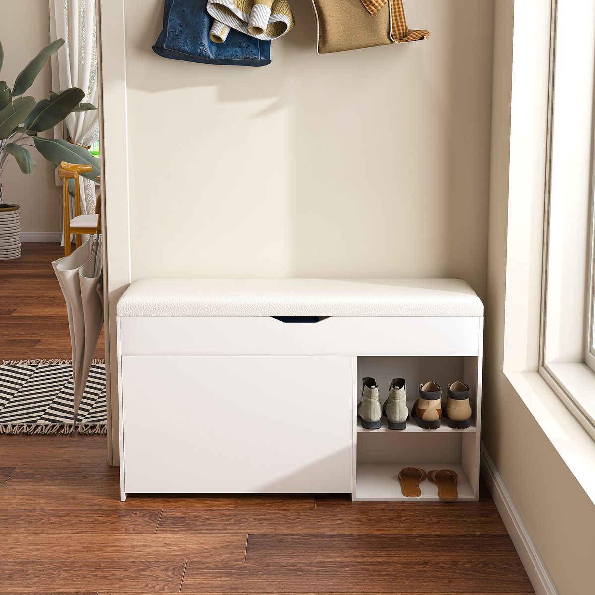 Entryway Bench With Shoe Storage,Adjustable 3-Tier Flip-Up Drawers & Hidden Cabinet,Space-Saving Shoe Organizer,Triple Storage And Modern Design,for Hallway And Living Room,White_maomaolike.com