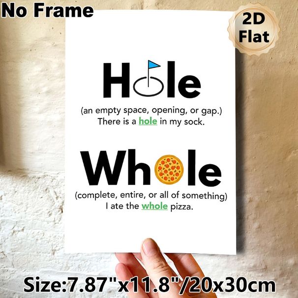 Homophone "Hole & Whole" Educational Painting Poster, Clear Minimalist Typographic & Illustrative Poster, Aids In Distinguishing Confusing Homophones_maomaolike.com