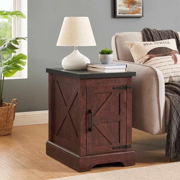 Farmhouse End Table Nightstand Rectangular Farmhouse End Table With Barn Door And Adjustable Storage Shelf, Rustic Sofa Side Table For Living Room, Bedroom_maomaolike.com