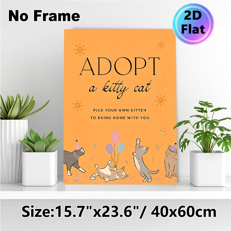 Adopt A Kitty Cat Painting Poster, Cute Cartoon Style Playful Party Kittens With Balloons Poster, Warm Heartwarming Decor Ideal For Pet Adoption_maomaolike.com