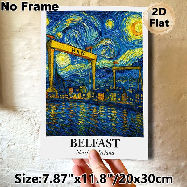 Belfast Northern Ireland Cityscape Painting Poster, Swirling Van Gogh-style Night Sky With Industrial Cranes & Waterfront Poster, Artistic City-themed_maomaolike.com
