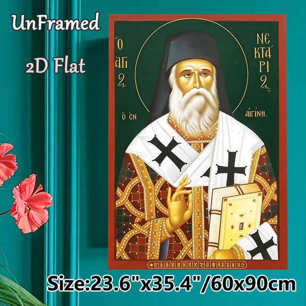 Saint Nectarios Religious Icon Painting Poster, Traditional Orthodox Style Poster, Detailed Sacred Portrait With Ornate Vestments And Halo, Suitable_maomaolike.com