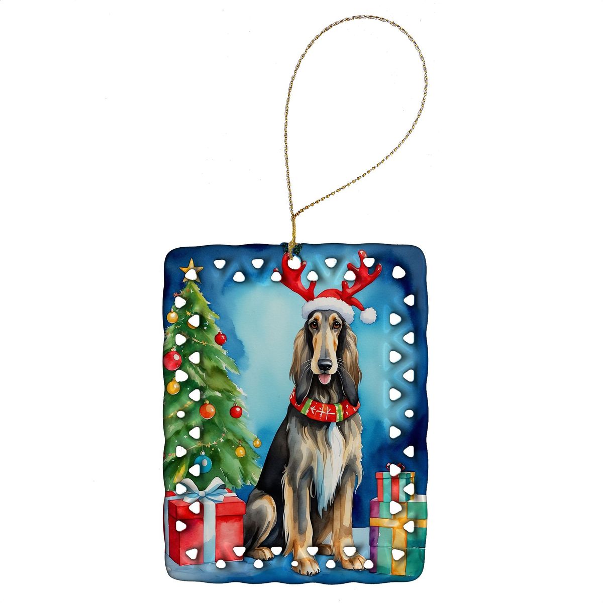Afghan Hound Christmas Reindeer Porcelain Ornament Christmas Tree Hanging Decorations For Home Christmas Holiday, Rectangle, Gift, Multicolor_maomaolike.com
