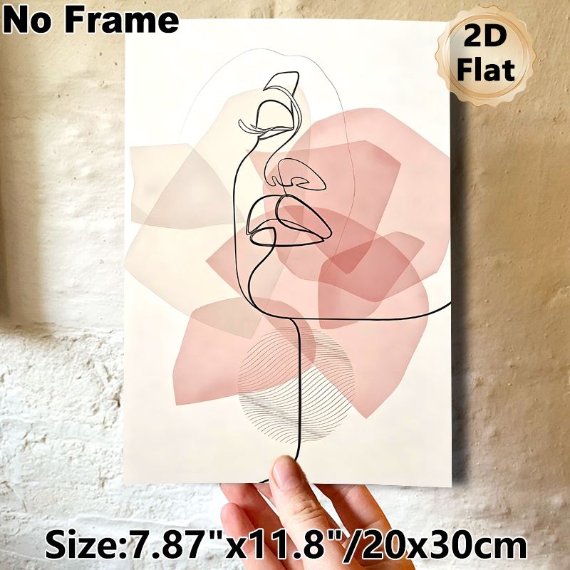 Abstract Face Line Art Painting Poster, Minimalist Single-Line Face With Soft Pink Geometric Shapes Poster, Sleek Elegant Aesthetic For Living Room_maomaolike.com