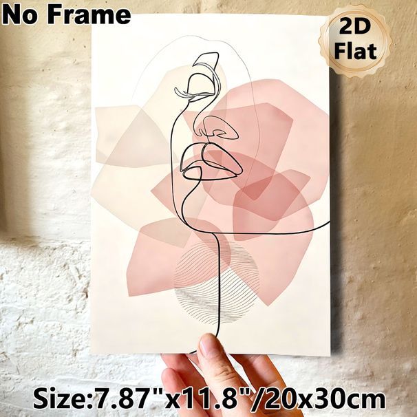 Abstract Face Line Art Painting Poster, Minimalist Single-Line Face With Soft Pink Geometric Shapes Poster, Sleek Elegant Aesthetic For Living Room_maomaolike.com