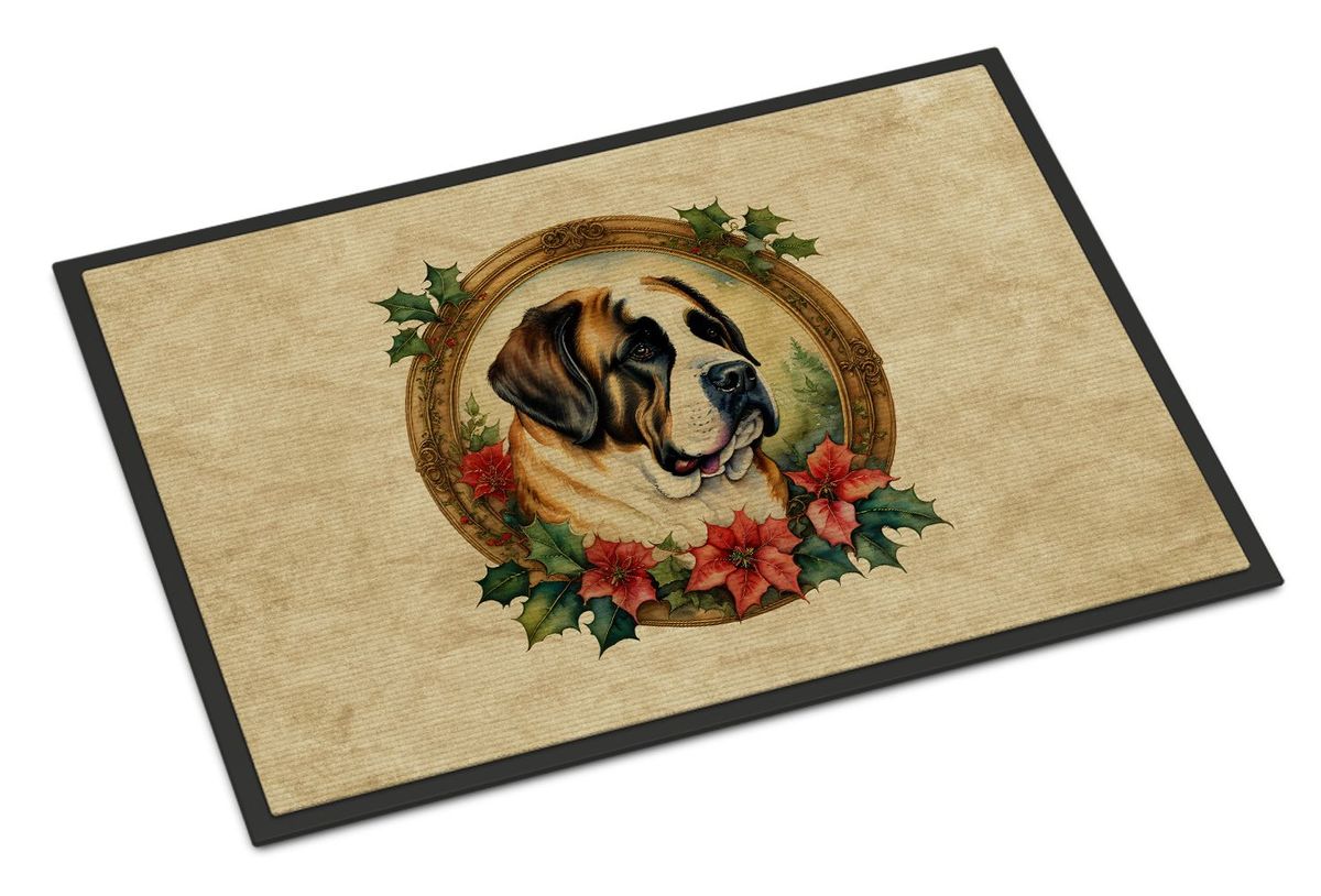 Saint Bernard Christmas Flowers Doormat Front Door Mat Indoor Outdoor Rugs For Entryway, Non Slip Washable Low Pile, 24H X 36W_maomaolike.com