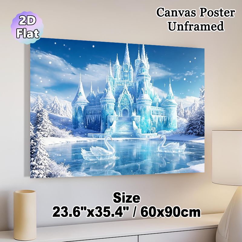 Ice Castle Painting Poster, Enchanting Icy Fantasy Scene With Ice Swans & Snowy Trees Poster, Magical Winter-themed Decor Ideal For Bedroom, Living_maomaolike.com