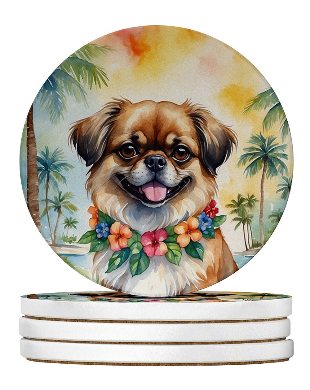 Tibetan Spaniel Luau Large Sandstone Coasters Pack Of 4 Absorbent Round Coasters Decor Gifts For Men Or Women, 4 In, Multicolor_maomaolike.com