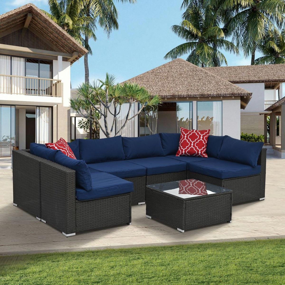 Patio Furniture PE Wicker & Tempered Glass Table_maomaolike.com