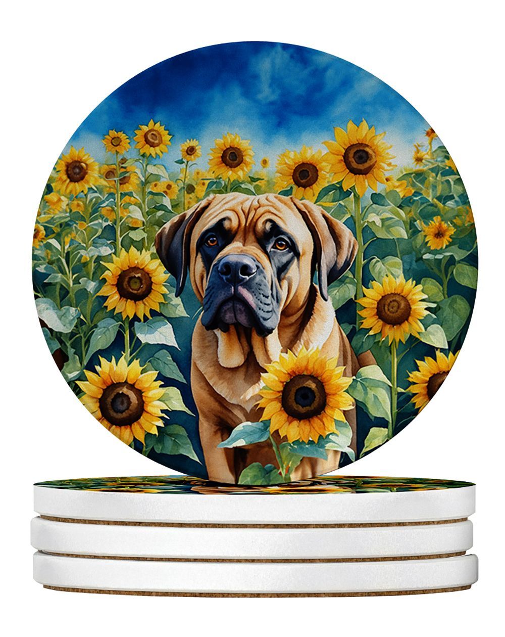 Mastiff In Sunflowers Large Sandstone Coasters Pack Of 4 Absorbent Round Coasters Decor Gifts For Men Or Women, 4 In, Multicolor_maomaolike.com