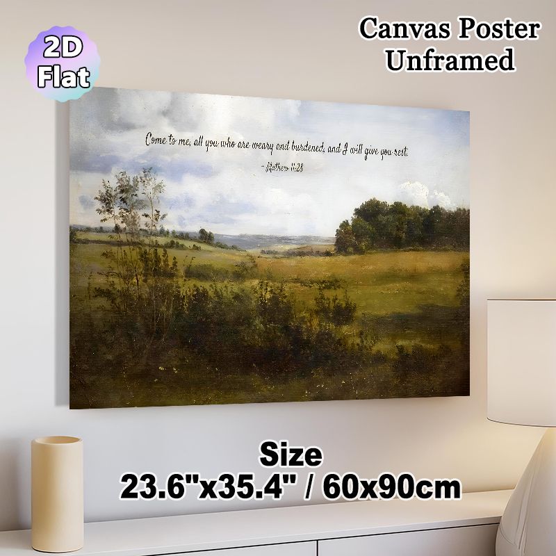 Biblical Verse Countryside Painting Poster, Serene Vintage Pastoral Landscape Poster, Soothing Scripture Quote Creates Tranquil Atmosphere, Ideal For_maomaolike.com