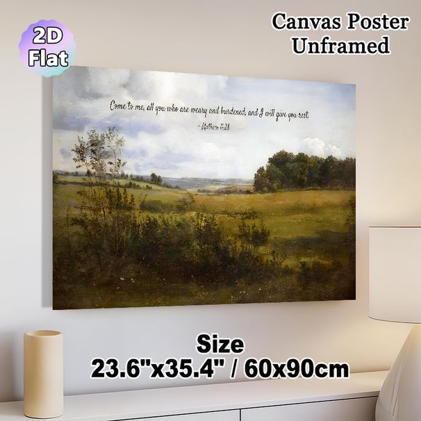 Biblical Verse Countryside Painting Poster, Serene Vintage Pastoral Landscape Poster, Soothing Scripture Quote Creates Tranquil Atmosphere, Ideal For_maomaolike.com