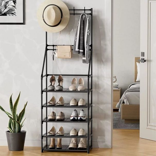5-Tier Shoe Rack Shoe Storage For Entryway,Narrow Shoe Rack,Coat And Shoe Rack With 8 Hooks_maomaolike.com