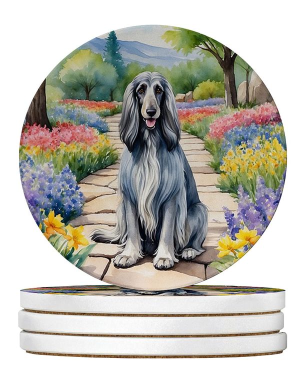 Afghan Hound Spring Garden Large Sandstone Coasters Pack Of 4 Absorbent Round Coasters Decor Gifts For Men Or Women, 4 In, Multicolor_maomaolike.com