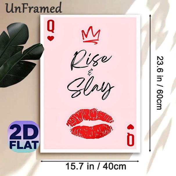Queen Of Hearts Poker Themed Painting Poster, Stylish Minimalist Pink Poster With Crown, Lip Print & "Rise & Slay" Quote, Inspirational Wall Decor For_maomaolike.com
