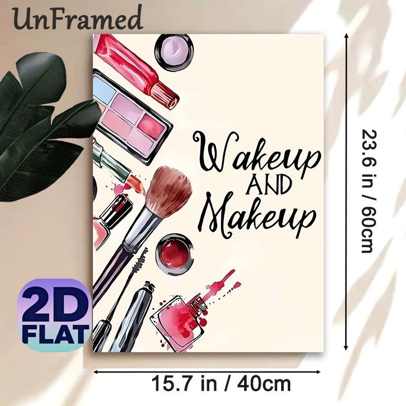 Makeup Themed Painting Poster, Watercolor Style Cosmetic Items & Typography Poster, Stylish Decorative Piece Ideal For Dressing Room, Vanity Area_maomaolike.com