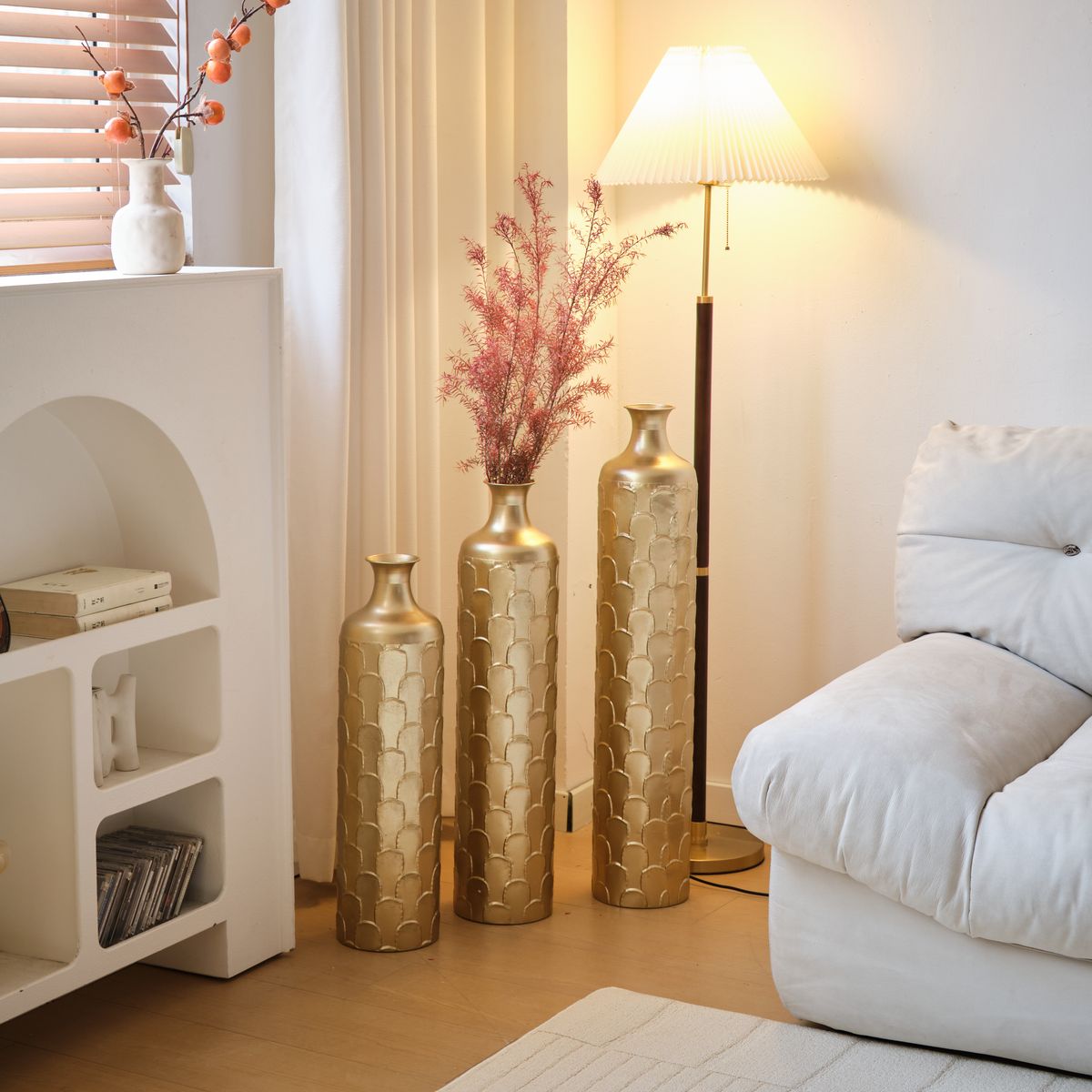 Floor Metal Vases Decorated White Metal Vases Set Of 3 Gorgeous Home Decoration Large Glazed Metal Vases 25.2in/29.33in/34.25in Height_maomaolike.com