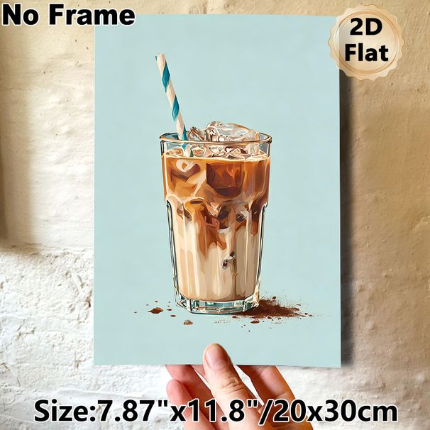Iced Coffee Painting Poster, Vibrant Artistic Poster, Stylized Creamy Iced Coffee In Glass With Striped Straw And Cocoa Dust Design, Adds Cozy Warm_maomaolike.com