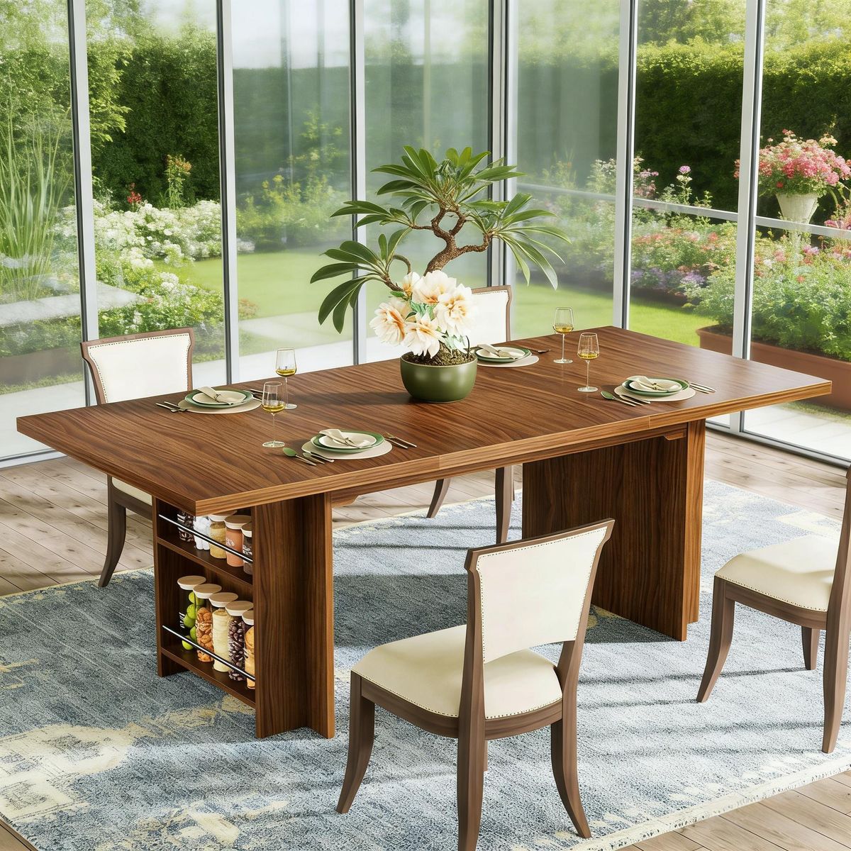 Farmhouse Dining Table Wooden Kitchen Table With Shelves For 6 To 8_maomaolike.com