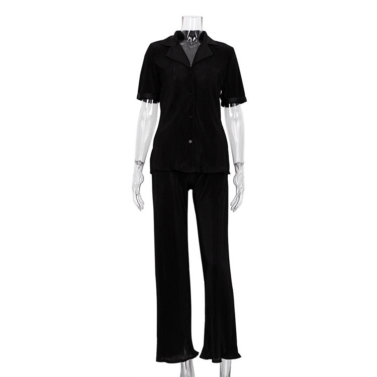 Women's Clothing Short-sleeved Shirt Elegant Pleated High Waist Wide-leg Pants Set_maomaolike.com