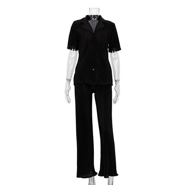 Women's Clothing Short-sleeved Shirt Elegant Pleated High Waist Wide-leg Pants Set_maomaolike.com