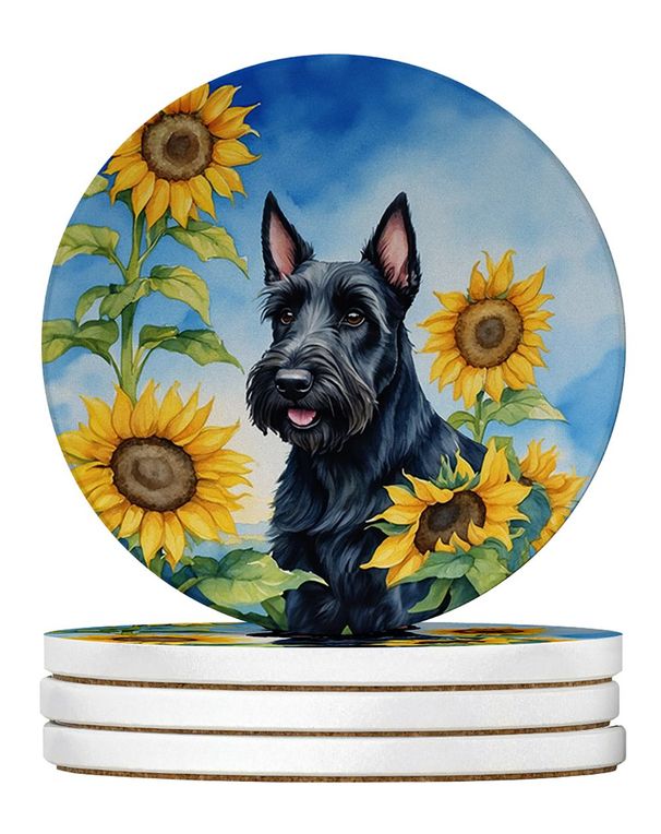 Scottish Terrier In Sunflowers Large Sandstone Coasters Pack Of 4 Absorbent Round Coasters Decor Gifts For Men Or Women, 4 In, Multicolor_maomaolike.com