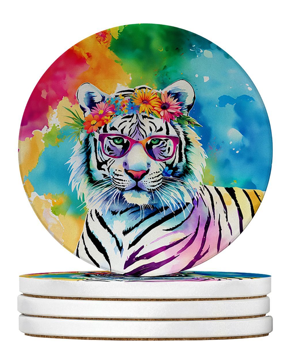 Hippie Animal White Tiger Large Sandstone Coasters Pack Of 4 Absorbent Round Coasters Decor Gifts For Men Or Women, 4 In, Multicolor_maomaolike.com