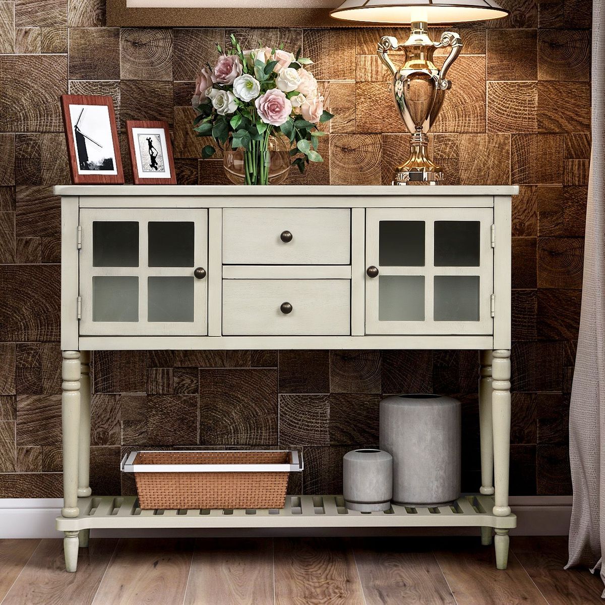 Sideboard Console Table With Bottom Shelf,Farmhouse Wood/Glass Buffet Storage Cabinet Living Room_maomaolike.com