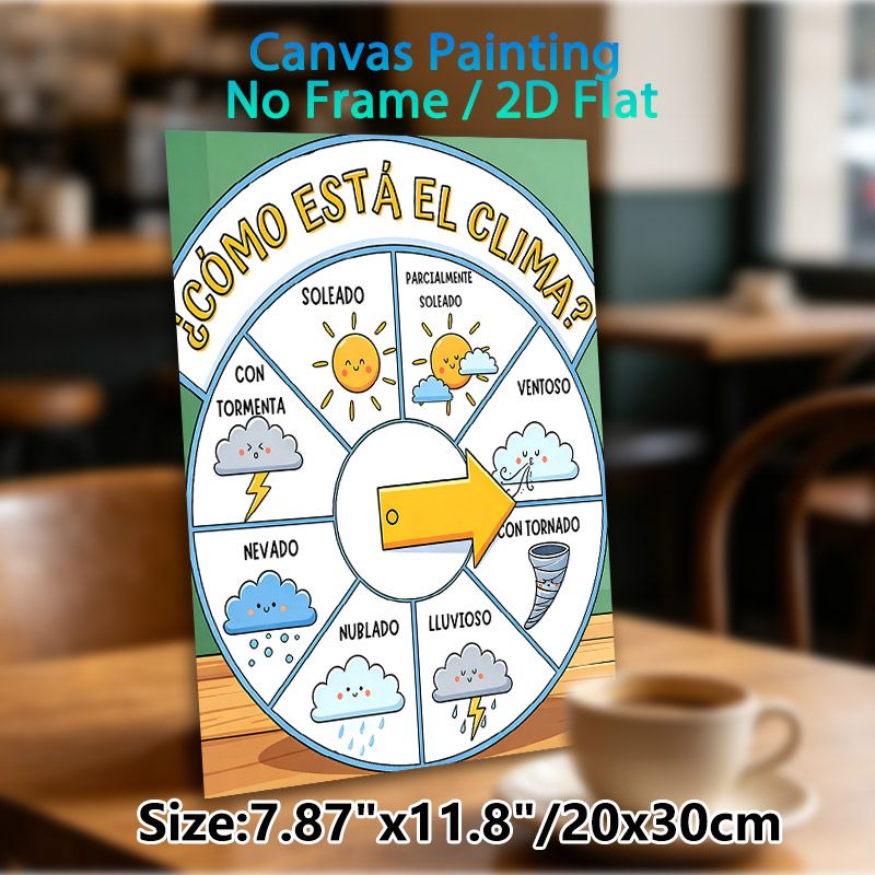 Spanish Weather Wheel Painting Poster, Cute Cartoon Illustrated Weather Poster, Colorful Design For Learning Spanish Weather Vocabulary, Suitable For_maomaolike.com