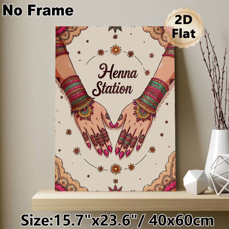 Henna Station Painting Poster, Vibrant Ethnic Style Poster, Intricate Henna Art With Decorated Hands And Colorful Bangles, Cultural Decorative Piece_maomaolike.com