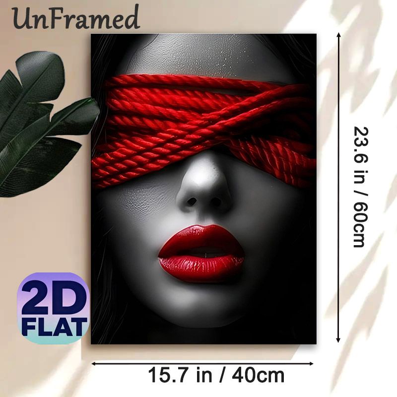 Red Accented Blindfolded Portrait Painting Poster, Monochrome With Bold Red Accents Artistic Poster, Striking Visual Contrast Ideal For Living Room_maomaolike.com
