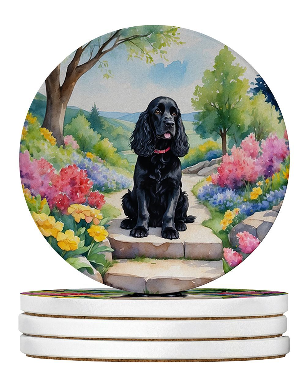Cocker Spaniel Spring Path Large Sandstone Coasters Pack Of 4 Absorbent Round Coasters Decor Gifts For Men Or Women, 4 In, Multicolor_maomaolike.com