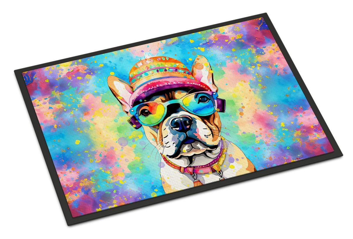 French Bulldog Hippie Dawg Doormat Front Door Mat Indoor Outdoor Rugs For Entryway, Non Slip Washable Low Pile, 24H X 36W_maomaolike.com
