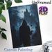Gothic Hooded Figure With Rose Painting Poster, Mysterious Dark-toned Poster, Hooded Figure Holding Red Rose Before Moonlit Spooky Castle, Eerie_maomaolike.com