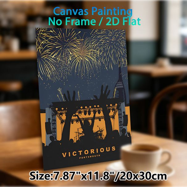 Victorious Portsmouth Music Festival Painting Poster, Vibrant Stylized Silhouette Concert Scene With Golden Fireworks Poster, Captures Festive Live_maomaolike.com
