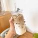 Transparent Simple Square Glass Straw With Lid For Home Use, Coffee Latte Cup, Portable Milk Breakfast Drinking Cup_maomaolike.com