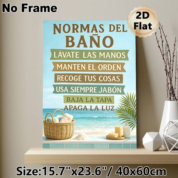 Spanish Bathroom Rules Painting Poster, Coastal-themed Serene Beach Scene With Bath Essentials Poster, Clearly Displays Bathroom Guidelines, Suitable_maomaolike.com